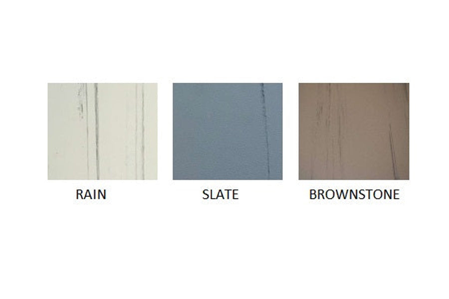 Three interlocking gym flooring tile color options displayed side by side: Rain in cream, Slate in blue-gray, and Brownstone 
