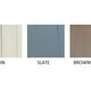 Three interlocking gym flooring tile color swatches: Rain in off-white, Slate in blue-gray, and Brownstone in taupe, displaye