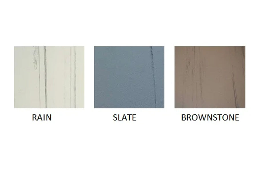 Three interlocking gym flooring tile color swatches: Rain in off-white, Slate in blue-gray, and Brownstone in taupe, displaye