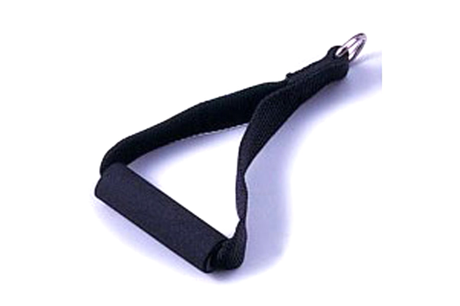 Black neoprene cable handle with welded D-ring attachment on white background