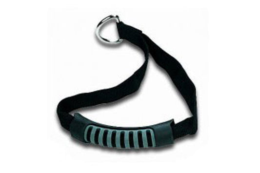 Black nylon strap with teal rubber grip ridges and metal D-ring attachment on white background