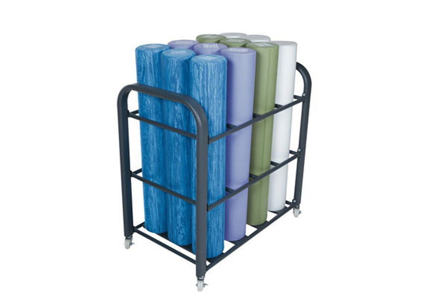 Black metal cart holding multiple foam rollers in blue, purple, green, and white, on caster wheels