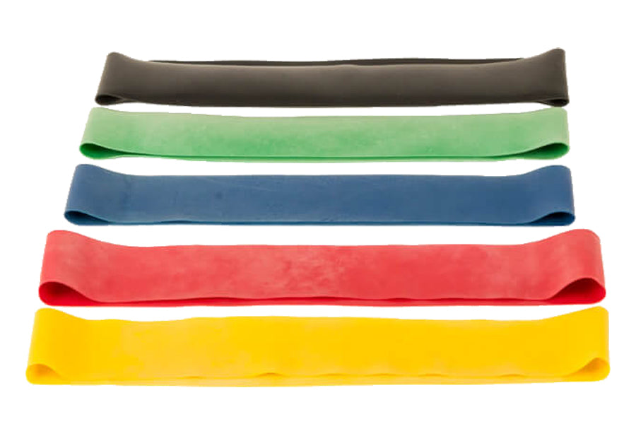 Five stacked fabric resistance loop bands in charcoal, sage green, blue, coral, and yellow on white background