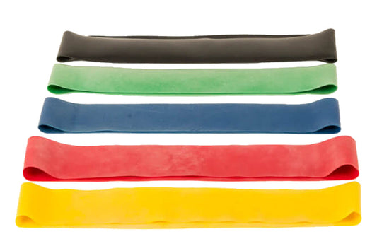Five stacked fabric resistance loop bands in charcoal, sage green, blue, coral, and yellow on white background