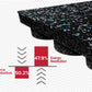 Warrior heavy duty rubber gym flooring tile showing 50.2% force reduction and 47.9% energy restitution with blue speckled bla