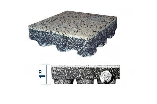 Warrior Heavy Duty Rubber Gym Flooring Tile showing 1-inch thick speckled black and gray rubber with interlocking edges, disp