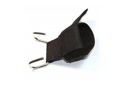 Black tricep strap with metal hooks and attachment points on white background