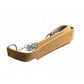 Tan leather tricep strap with white stitching, chrome chain attachment, and gray padding on white background