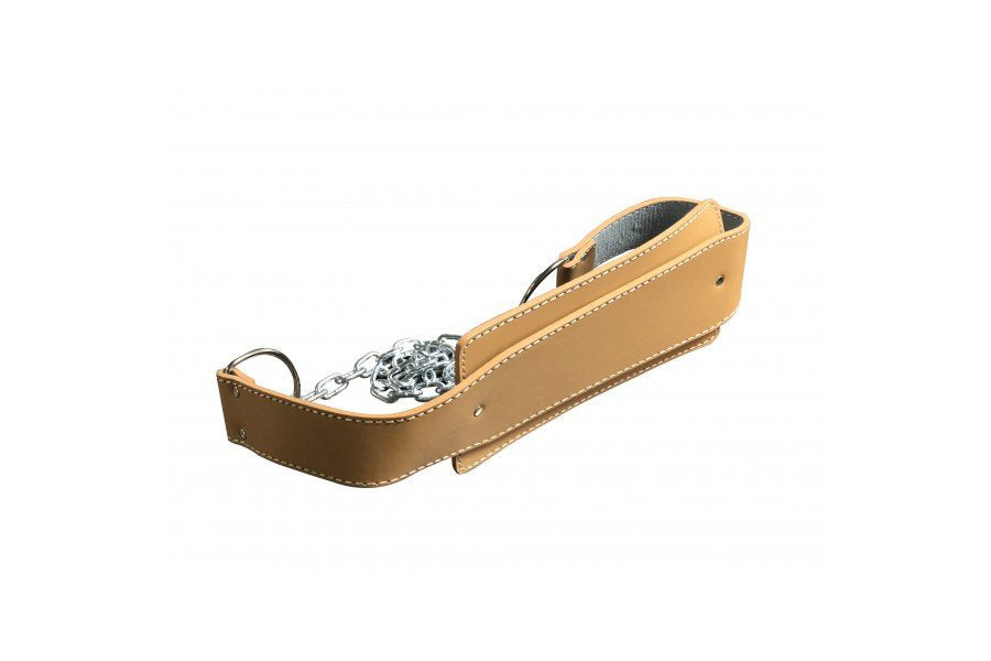 Tan leather tricep strap with white stitching, chrome chain attachment, and gray padding on white background
