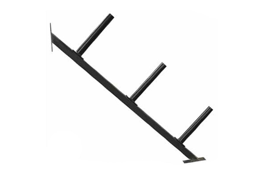 Black metal bumper stand rack attachment with three vertical posts on angled base, displayed on white background