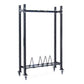 Black vertical storage rack with four caster wheels, metal frame, and four coil springs on lower shelf, on white background