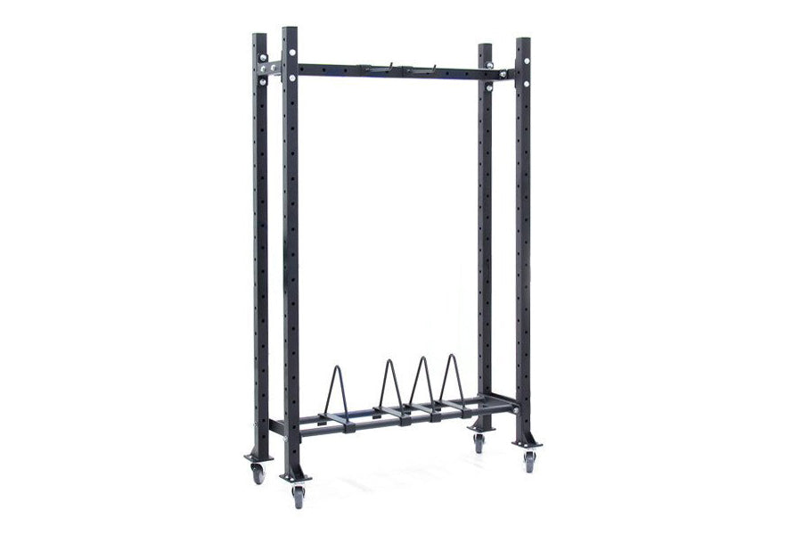 Black vertical storage rack with four caster wheels, metal frame, and four coil springs on lower shelf, on white background