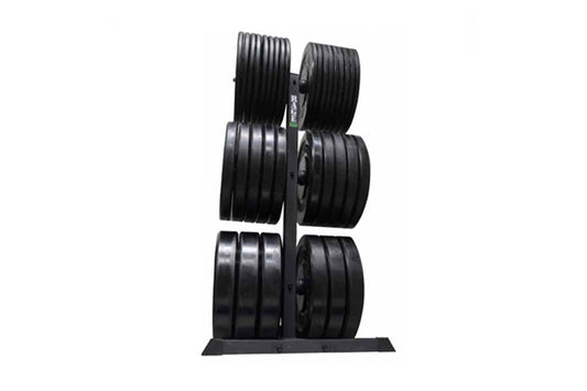 Warrior vertical bumper plate rack with six black rubber weight plates stacked on dark metal stand, on white background