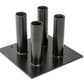 Black steel floor base with four vertical cylindrical tube holders for Olympic bars, on white background