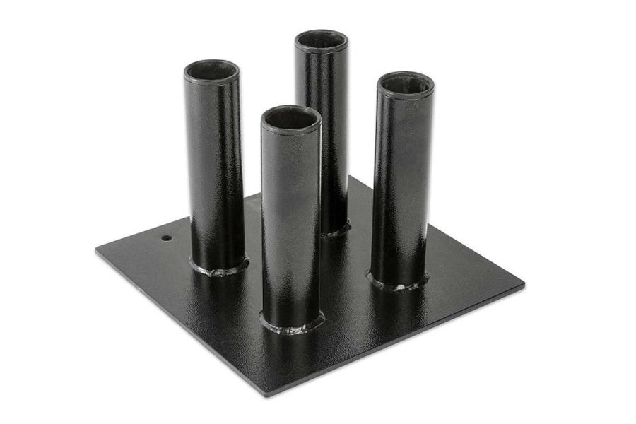 Black steel floor base with four vertical cylindrical tube holders for Olympic bars, on white background