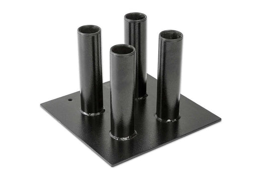 Black steel floor base with four vertical cylindrical tube holders for Olympic bars, on white background