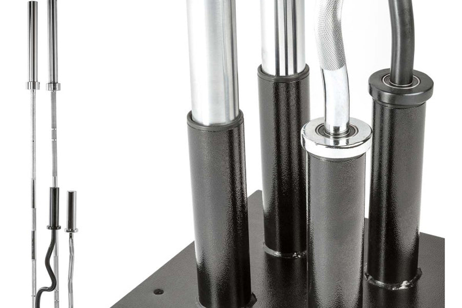 Warrior Vertical Floor 4 Olympic Bar Holder with black cylindrical storage tubes and chrome steel rods on white background