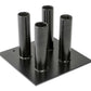 Black steel floor stand with four vertical cylindrical tubes mounted on square base, holds Olympic bars upright
