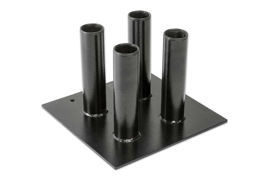 Black steel floor stand with four vertical cylindrical tubes mounted on square base, holds Olympic bars upright