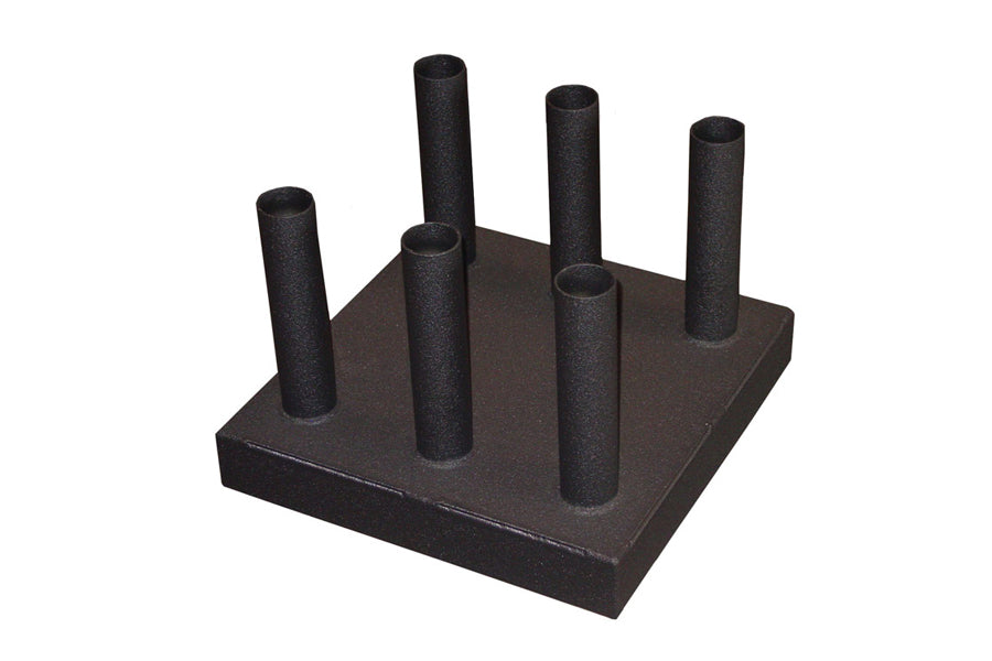 Warrior Vertical Floor 4 Olympic Bar Holder with black foam cylinders on square base, flat lay on white background