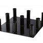 Black metal floor stand with nine cylindrical posts mounted on square base, holds Olympic bars vertically