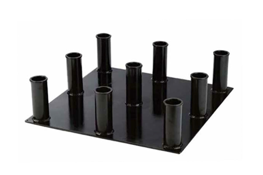 Black metal floor stand with nine cylindrical posts mounted on square base, holds Olympic bars vertically