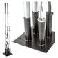 Warrior Vertical Floor 6 Olympic Bar Holder with black square base holding six chrome and black barbell sleeves, shown in ful