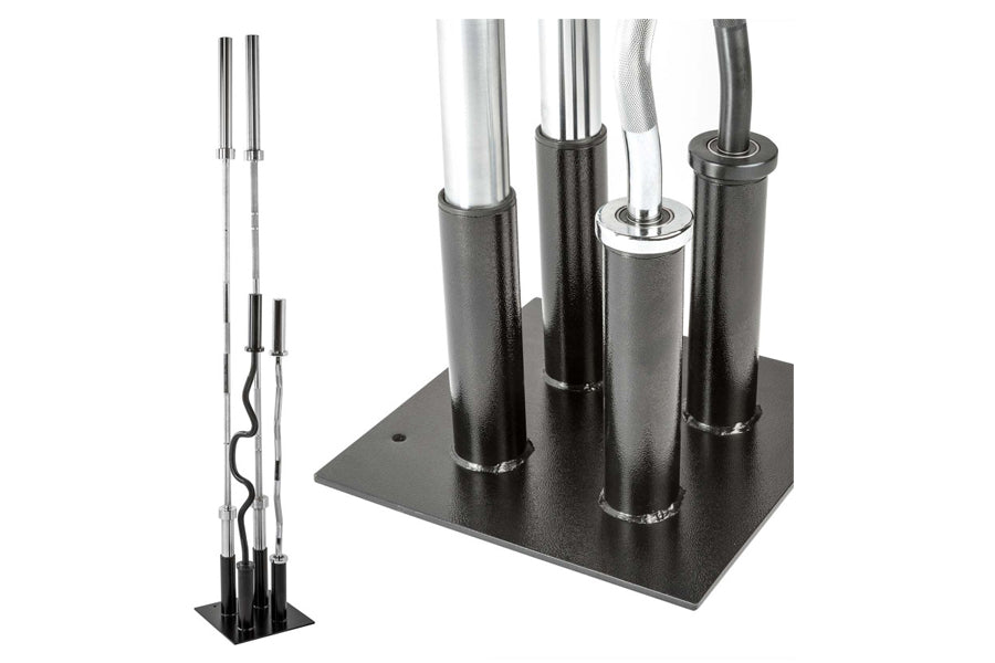 Warrior Vertical Floor 6 Olympic Bar Holder with black square base holding six chrome and black barbell sleeves, shown in ful