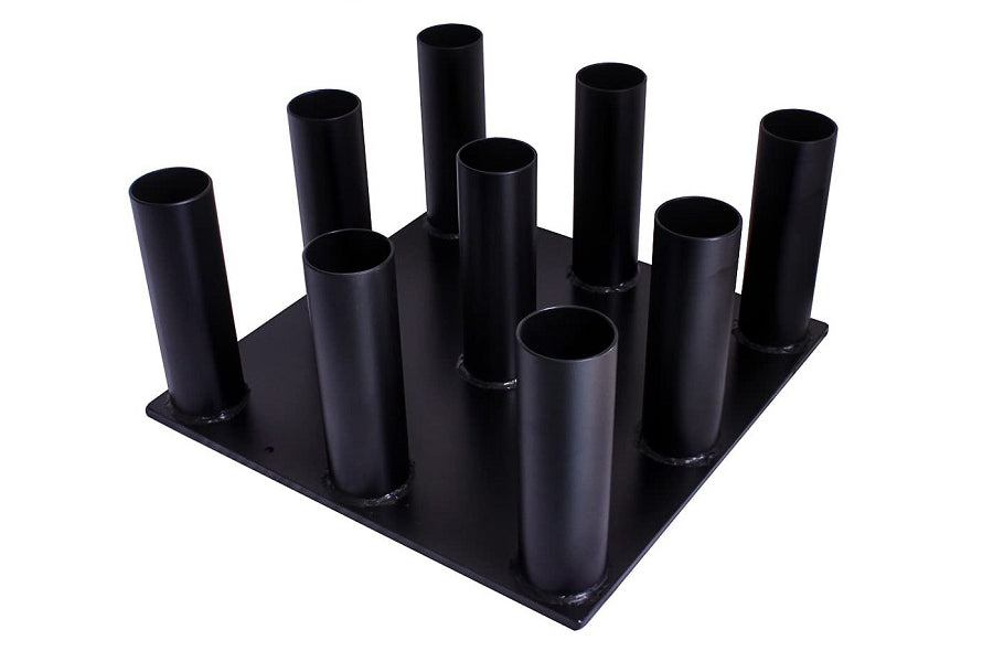 Black steel vertical barbell holder with nine cylindrical tubes mounted on square base, displayed on white background