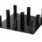 Black metal floor-mounted Olympic barbell holder with nine vertical posts on rectangular base, displayed on white background