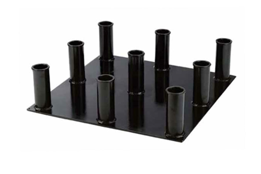 Black metal floor-mounted Olympic barbell holder with nine vertical posts on rectangular base, displayed on white background