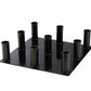 Black metal floor stand with nine cylindrical holders for Olympic bars, arranged on square base