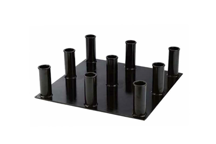 Black metal floor stand with nine cylindrical holders for Olympic bars, arranged on square base