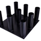 Black metal vertical Olympic bar holder with nine cylindrical tubes of varying heights mounted on square base, flat lay on wh