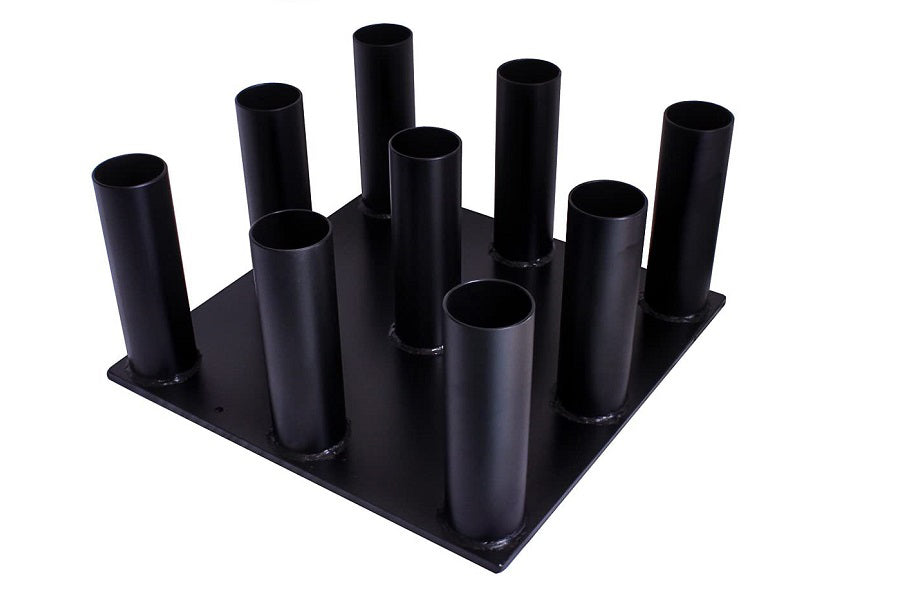 Black metal vertical Olympic bar holder with nine cylindrical tubes of varying heights mounted on square base, flat lay on wh