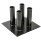 Black metal floor stand with five cylindrical tube holders arranged on square base, designed for Olympic weight bars