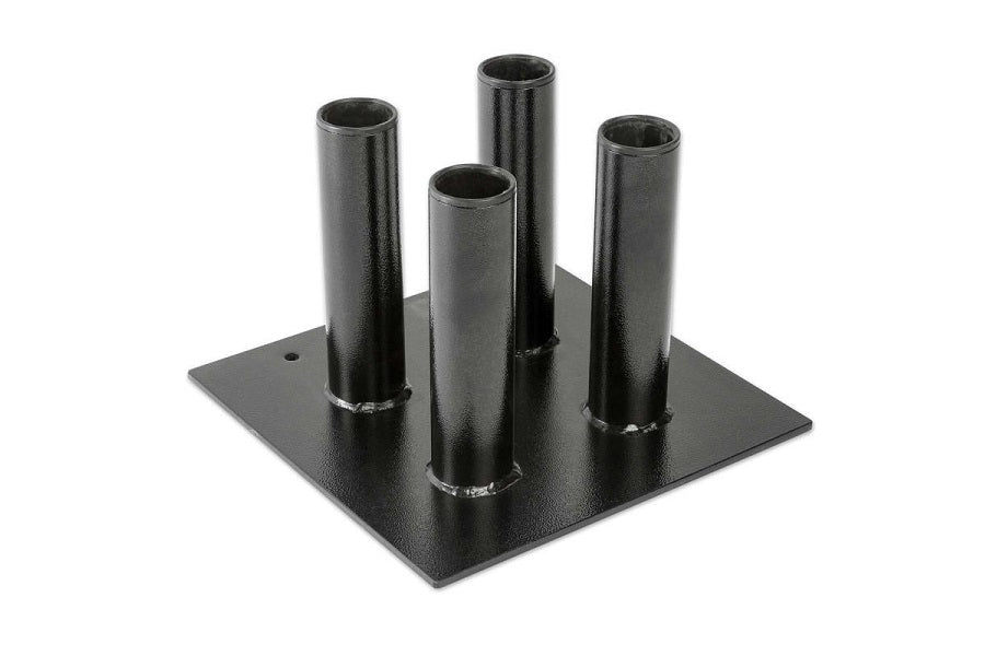 Black metal floor stand with five cylindrical tube holders arranged on square base, designed for Olympic weight bars