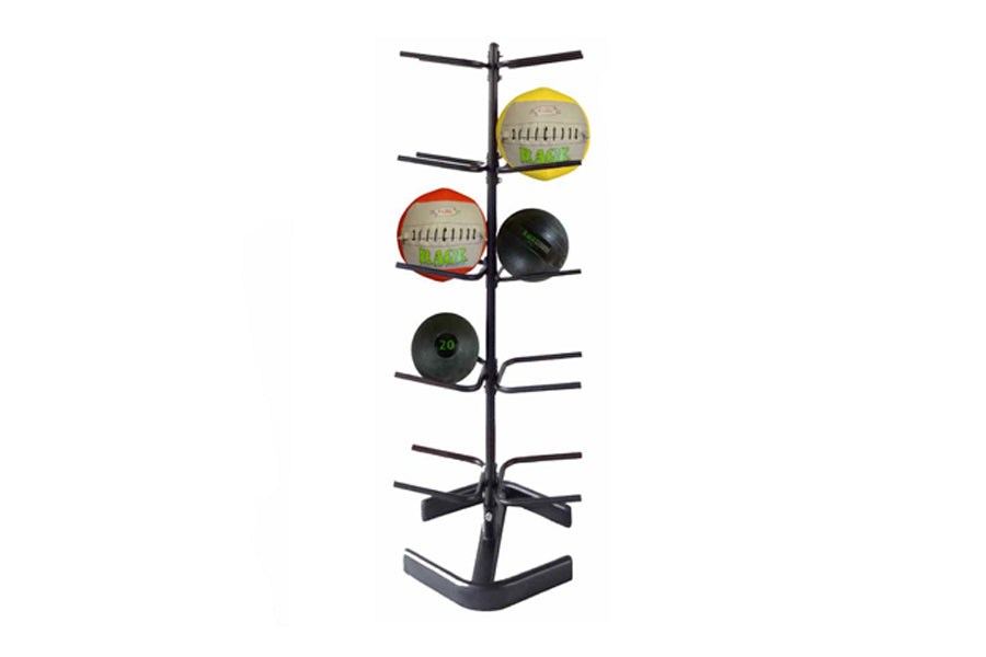 Warrior vertical medicine ball rack with black steel frame holding yellow, red, and black medicine balls, on white background