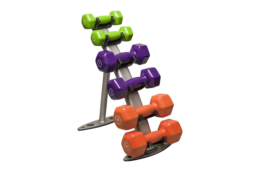 Warrior Vinyl Dumbbell Rack holding pairs of green, purple, and orange hexagonal dumbbells on metal stands against white back