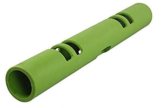 Bright green foam training tube with black reinforced handles and grip bands positioned along its length, on white background