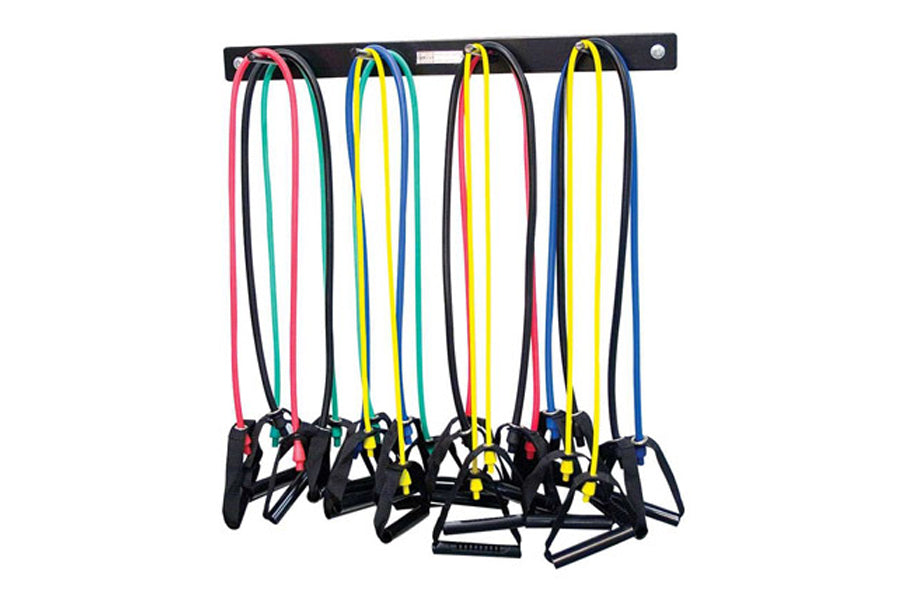 Black wall-mounted rack with four resistance bands and jump ropes in pink, teal, yellow, and blue with black handles, display