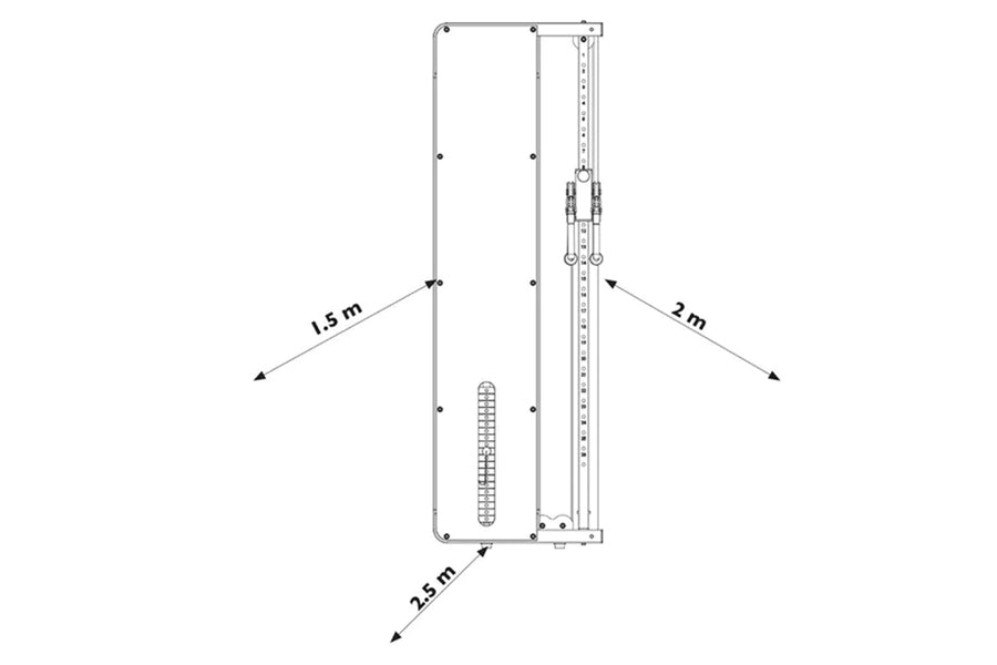 Warrior wall-mounted cable pulley home gym system technical diagram showing dimensions and internal pulley mechanism on white