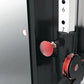 Black and red wall-mounted cable pulley gym system with red weight stack and numbered guide rod on white background