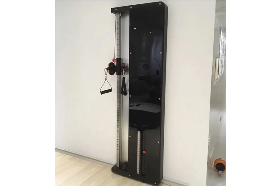 Warrior black wall-mounted cable pulley home gym system with single stack, silver frame, and red adjustment handles mounted o