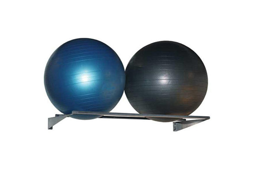 Wall-mounted gym ball rack holding blue and black exercise balls, metal frame on white background