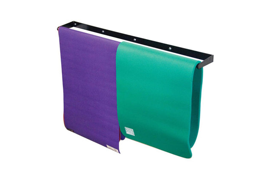 Wall-mounted mat rack with black metal frame holding purple and teal exercise mats