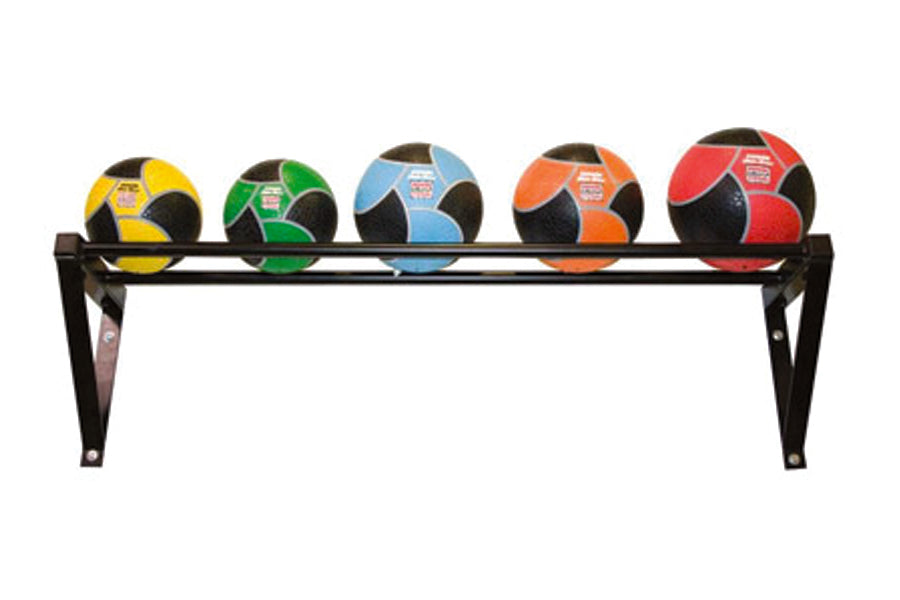 Black wall-mounted medicine ball rack holding five colorful med balls in yellow, green, blue, orange, and red with black acce