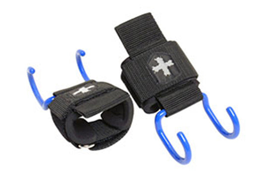 Black nylon weight lifting hooks with blue curved handles and white logo details, flat lay on white background