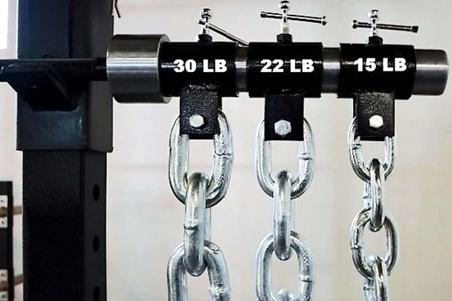 Warrior Weightlifting Chains set with three black steel bars labeled 30 LB, 22 LB, and 15 LB, each with hanging silver chain 