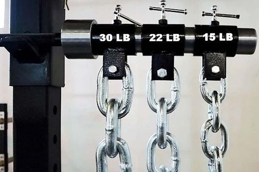 Warrior Weightlifting Chains set with three black steel bars labeled 30 LB, 22 LB, and 15 LB, each with hanging silver chain 
